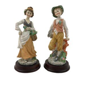 Vintage Capodimonte Porcelain Figurines Boy & Girl Set Wooden Bases Signed